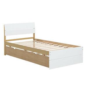 English Elm Modern Twin Bed with High Gloss Headboard Light Oak Trundle for Compact Spaces White + Light Oak W697131327
