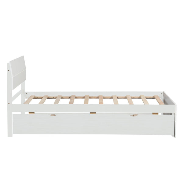 English Elm Modern Twin Bed with High Gloss Headboard Light Oak Trundle for Compact Spaces Creamy White,White W697131325