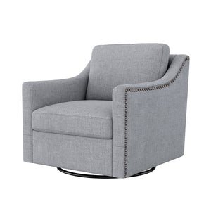 English Elm 360 Swivel Barrel Armchair Cotton Linen Upholstery Brass Nailhead Trim Living Room Grey W2113127543