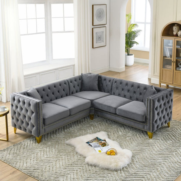 English Elm 82.2-inch Velvet Chesterfield Sectional Tufted Button Sofa with Copper Nailhead Five Seat Gray W834S00606