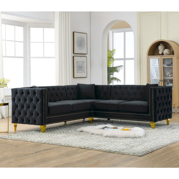 English Elm 82.2-inch Velvet Chesterfield Sectional Tufted Button Sofa with Copper Nailhead Five Seat Black W834S00604