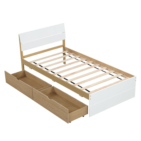 English Elm Modern Twin Bed with High Gloss Headboard Light Oak Trundle for Compact Spaces W697131330