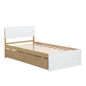 English Elm Modern Twin Bed with High Gloss Headboard Light Oak Trundle for Compact Spaces W697131330