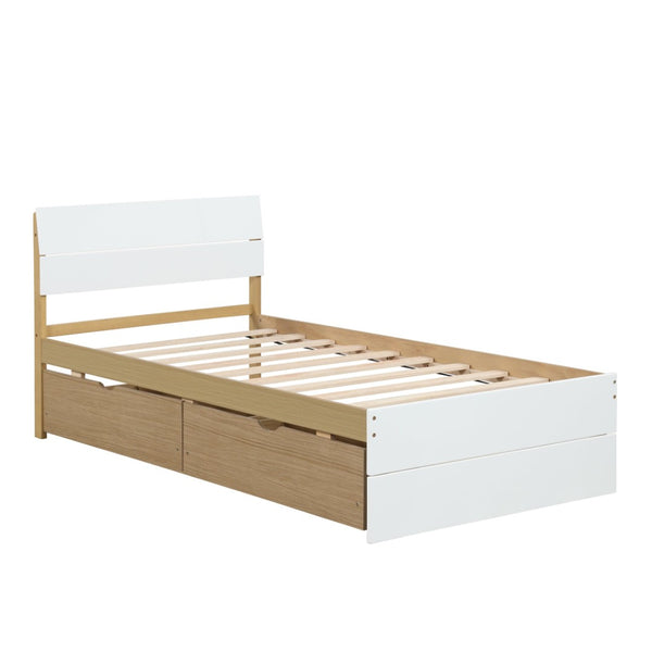 English Elm Modern Twin Bed with High Gloss Headboard Light Oak Trundle for Compact Spaces W697131330