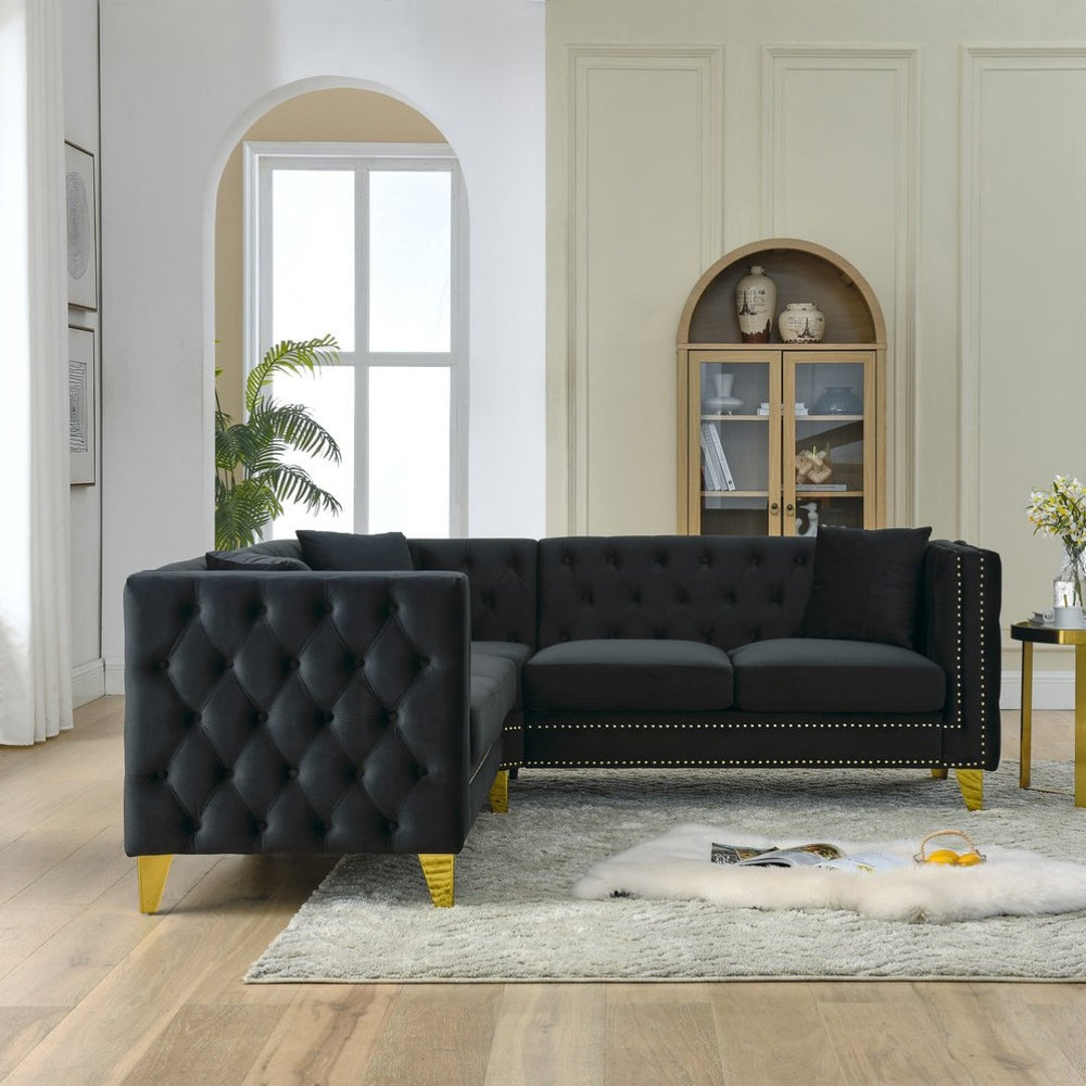 English Elm 82.2-inch Velvet Chesterfield Sectional Tufted Button Sofa with Copper Nailhead Five Seat Black W834S00604