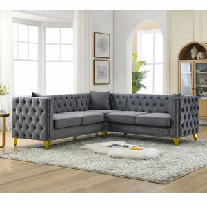 English Elm 82.2-Inch Velvet Corner Sofa with Copper Nail Trim, Solid Wood Frame, Plush Cotton Fill for Living Room Elegance Gray W834S00129