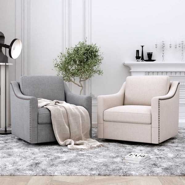 English Elm 360 Swivel Barrel Armchair Cotton Linen Upholstery Brass Nailhead Trim Living Room Grey W2113127543