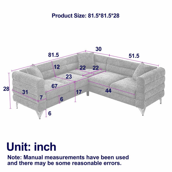 English Elm 81.5-inch Teddy Velvet L-shaped Sectional Sofa Gold Legs Art Deco 5 Seat Lounge W834S00607