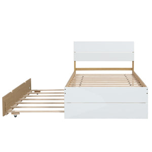 English Elm Modern Twin Bed with High Gloss Headboard Light Oak Trundle for Compact Spaces White + Light Oak W697131327