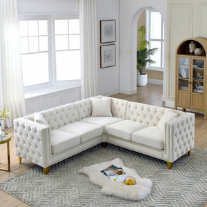 English Elm 82.2-inch Velvet Chesterfield Sectional Tufted Button Sofa with Copper Nailhead Five Seat Beige W834S00605
