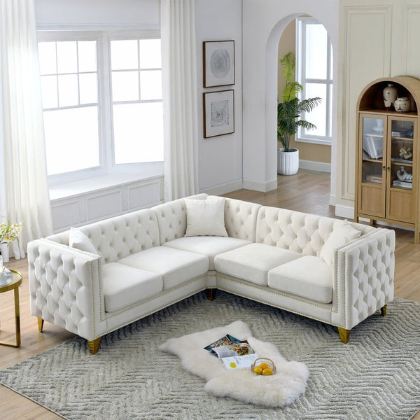 English Elm 82.2-inch Velvet Chesterfield Sectional Tufted Button Sofa with Copper Nailhead Five Seat Beige W834S00605