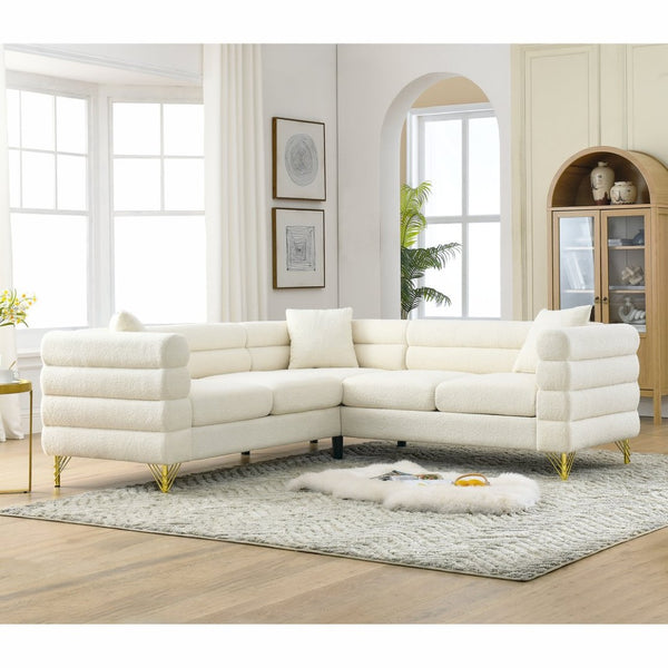 English Elm 81.5-inch Teddy Velvet L-shaped Sectional Sofa Gold Legs Art Deco 5 Seat Lounge W834S00607