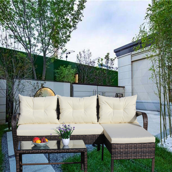 English Elm Outdoor 3-Piece Wicker Patio Furniture Set - Stylish Sectional Sofa With Beige Cushions & Table W209S00008