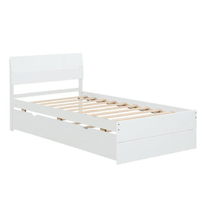 English Elm Modern Twin Bed with High Gloss Headboard Light Oak Trundle for Compact Spaces Creamy White,White W697131325