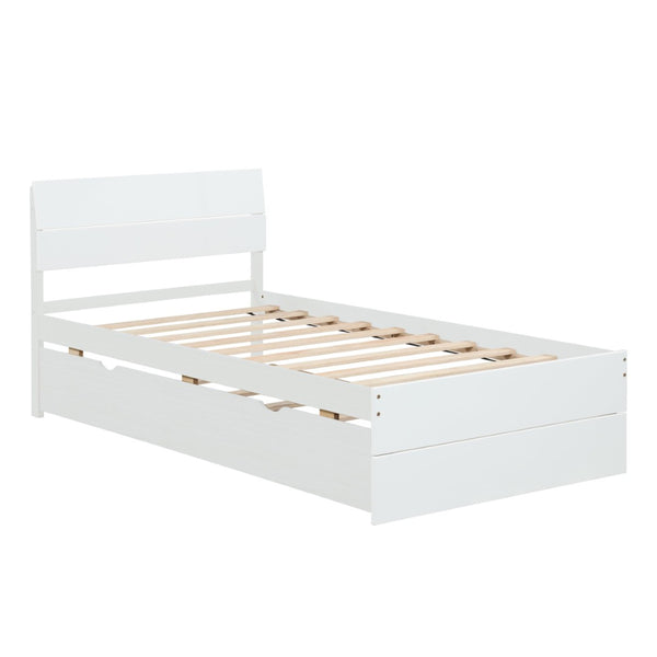 English Elm Modern Twin Bed with High Gloss Headboard Light Oak Trundle for Compact Spaces Creamy White,White W697131325