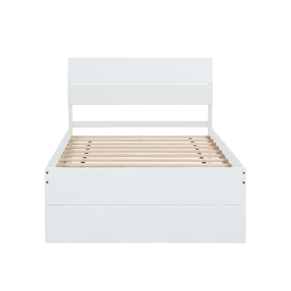 English Elm Modern Twin Bed with High Gloss Headboard Light Oak Trundle for Compact Spaces Creamy White,White W697131325
