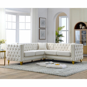English Elm 82.2-Inch Velvet Corner Sofa with Copper Nail Trim, Solid Wood Frame, Plush Cotton Fill for Living Room Elegance Beige W834S00128
