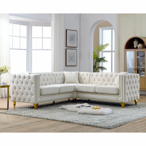 English Elm 82.2-Inch Velvet Corner Sofa with Copper Nail Trim, Solid Wood Frame, Plush Cotton Fill for Living Room Elegance Beige W834S00128