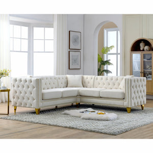 English Elm 82.2-inch Velvet Chesterfield Sectional Tufted Button Sofa with Copper Nailhead Five Seat Beige W834S00605
