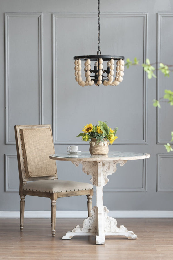 English Elm 4 Light Beaded Wood Chandelier Wrought Iron Bohemian Fixture for Dining Foyer W2078138932