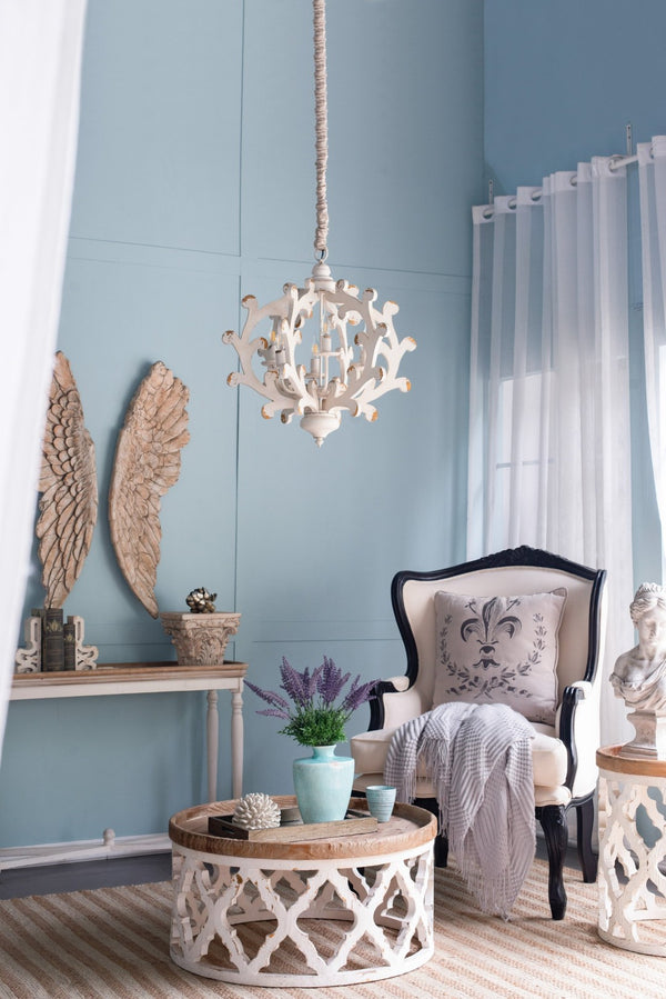 English Elm 6 Light Farmhouse Chandelier Linen Shade Weathered White Vintage Foyer Dining Fixture W2078138924
