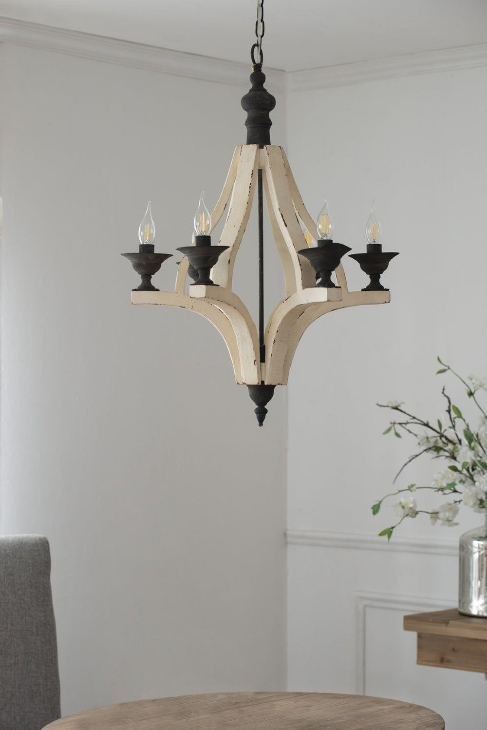 English Elm 6 Light Farmhouse Chandelier Distressed Pine Wood Iron Dining Foyer Ceiling Fixture W2078138919