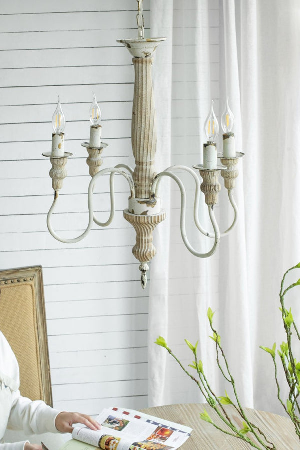 English Elm 4 Light Fir Wood Iron Chandelier Rustic Farmhouse Fixture for Dining Foyer Kitchen W2078138921