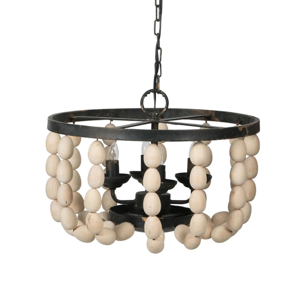 English Elm 4 Light Beaded Wood Chandelier Wrought Iron Bohemian Fixture for Dining Foyer W2078138932