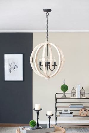 English Elm 6 Light Farmhouse Chandelier Distressed Pine Wood Iron Dining Foyer Ceiling Fixture W2078138916