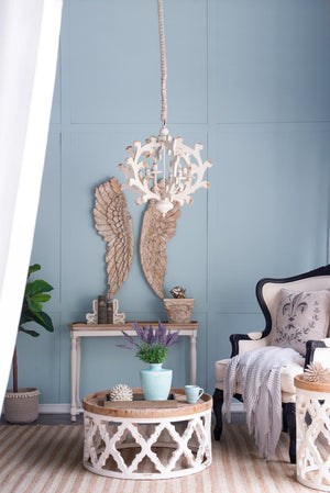 English Elm 6 Light Farmhouse Chandelier Linen Shade Weathered White Vintage Foyer Dining Fixture W2078138924