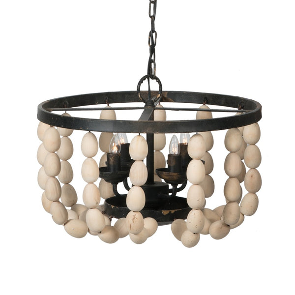 English Elm 4 Light Beaded Wood Chandelier Wrought Iron Bohemian Fixture for Dining Foyer W2078138932