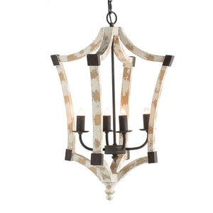 English Elm 4 Light Rustic Farmhouse Wood Chandelier Distressed White Fir Iron Dining Foyer W2078138927