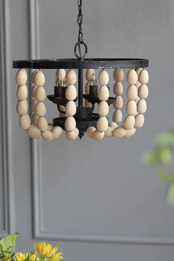 English Elm 4 Light Beaded Wood Chandelier Wrought Iron Bohemian Fixture for Dining Foyer W2078138932