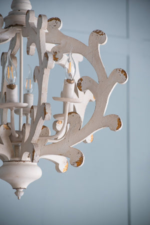 English Elm 6 Light Farmhouse Chandelier Linen Shade Weathered White Vintage Foyer Dining Fixture W2078138924