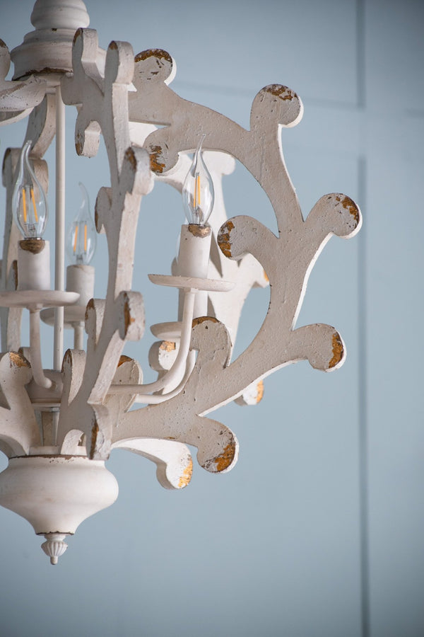 English Elm 6 Light Farmhouse Chandelier Linen Shade Weathered White Vintage Foyer Dining Fixture W2078138924