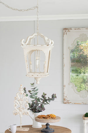 English Elm 4 Light Fir Wood Chandelier Distressed White Farmhouse Pendant for Dining Foyer W2078138918