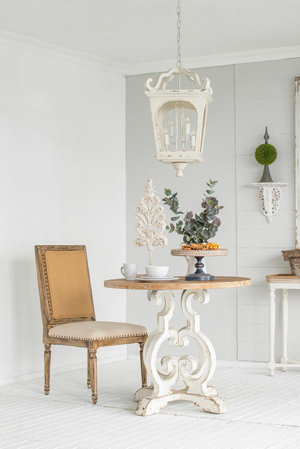 English Elm 4 Light Fir Wood Chandelier Distressed White Farmhouse Pendant for Dining Foyer W2078138918