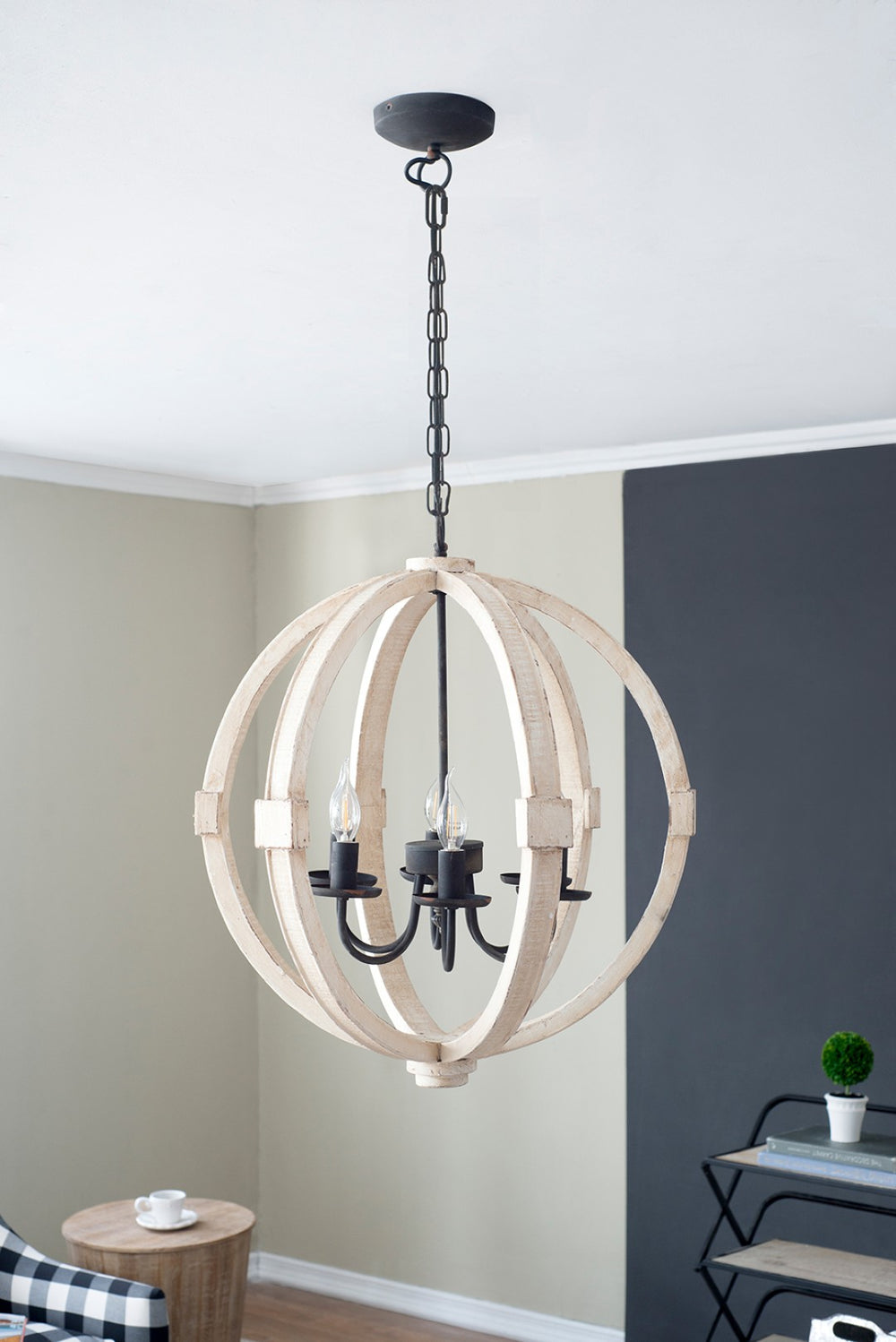English Elm 6 Light Farmhouse Chandelier Distressed Pine Wood Iron Dining Foyer Ceiling Fixture W2078138916