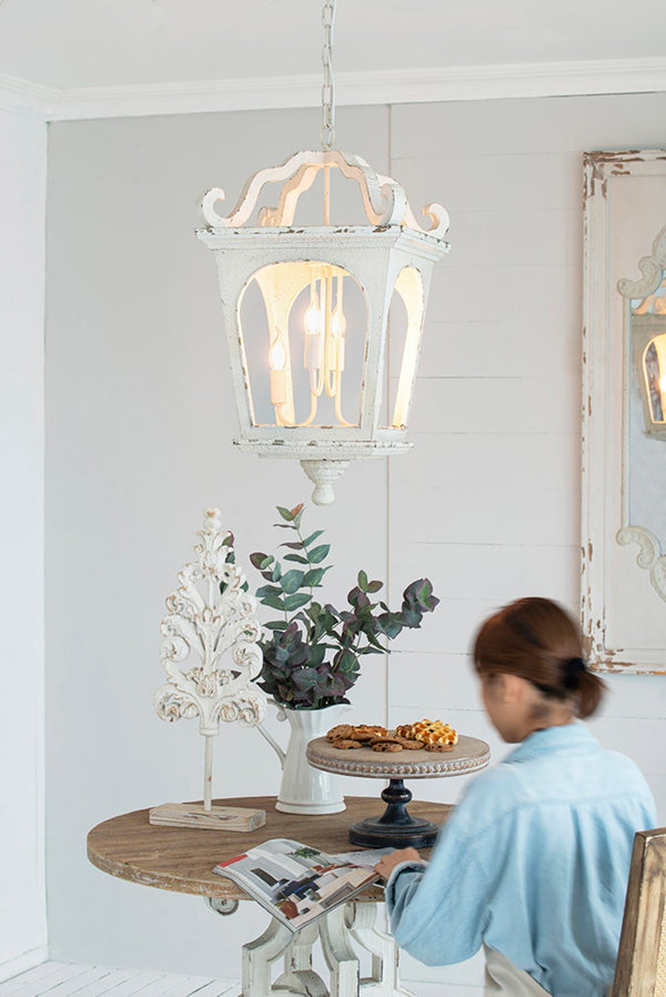 English Elm 4 Light Fir Wood Chandelier Distressed White Farmhouse Pendant for Dining Foyer W2078138918