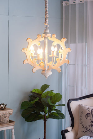 English Elm 6 Light Farmhouse Chandelier Linen Shade Weathered White Vintage Foyer Dining Fixture W2078138924
