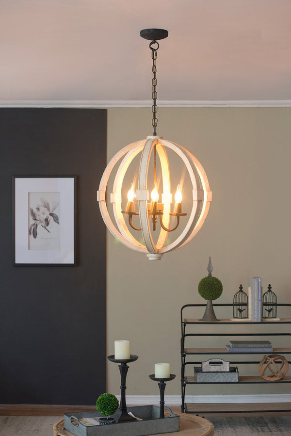 English Elm 6 Light Farmhouse Chandelier Distressed Pine Wood Iron Dining Foyer Ceiling Fixture W2078138916