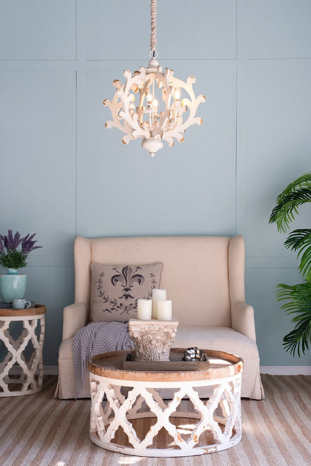 English Elm 6 Light Farmhouse Chandelier Linen Shade Weathered White Vintage Foyer Dining Fixture W2078138924