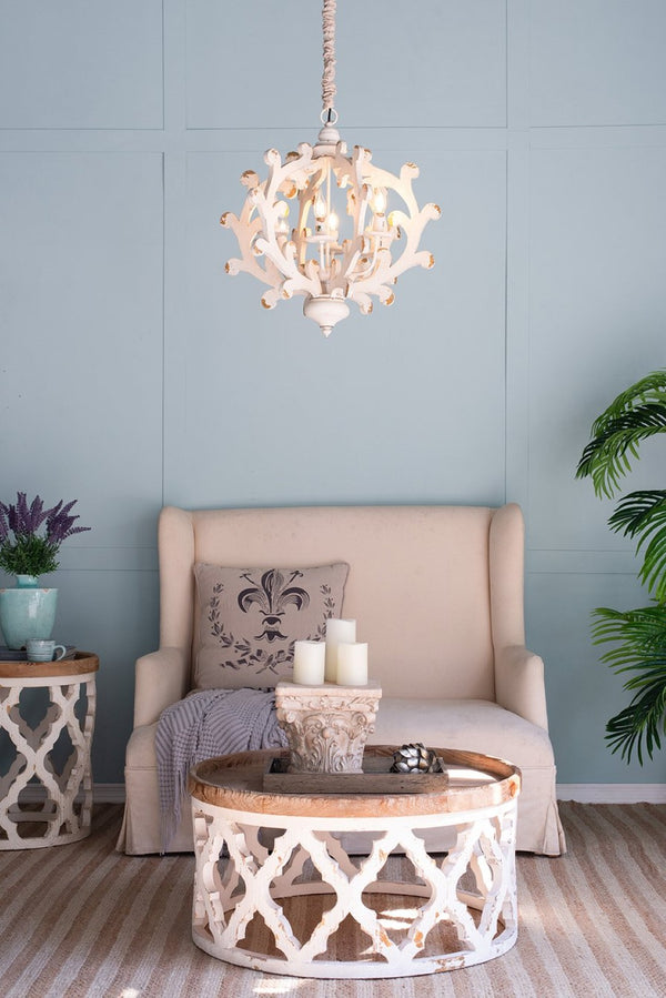 English Elm 6 Light Farmhouse Chandelier Linen Shade Weathered White Vintage Foyer Dining Fixture W2078138924