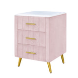 English Elm Upholstered Wooden Nightstand With 3 Drawers and Metal Legs&Handles,Fully Assembled Except Legs&Handles,Bedside Table With Marbling Worktop - Pink