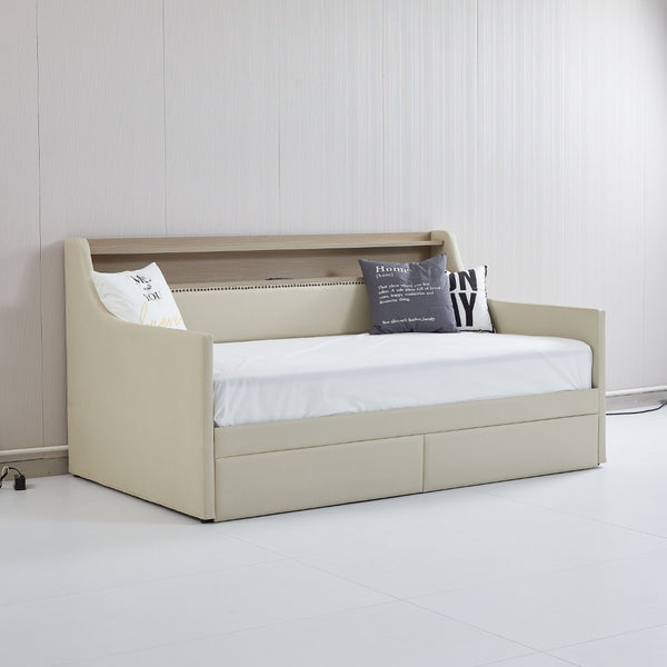 English Elm Twin Size Daybed With Storage Drawers, Charging Station & Led Lights - Stylish Beige Upholstered Design W1580S00033-GIGA