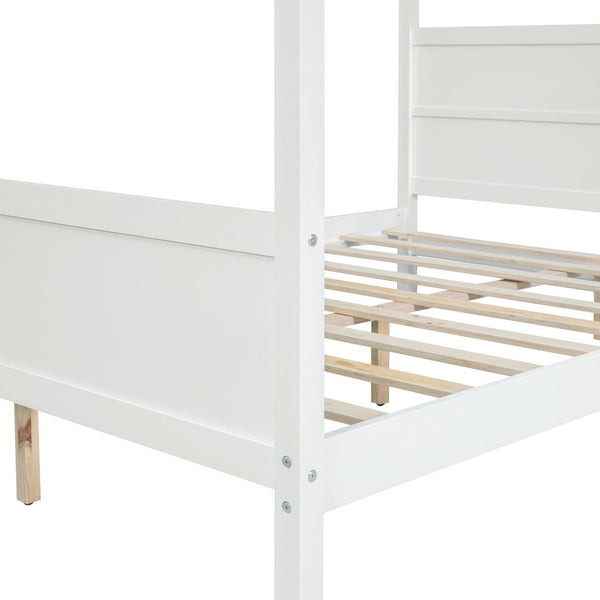 English Elm Queen Canopy Platform Bed with Built-in Headboard Pinewood Frame and Curtain Rails White WF311397AAK