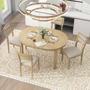 Hearth and Haven Trexm 5-Piece Multifunctional Dining Table Set, Farmhouse Dining Set with Extendable Round Table , Two Small Drawers and 4 Upholstered Dining Chairs For Kitchen and Dining Room ST000102AAE