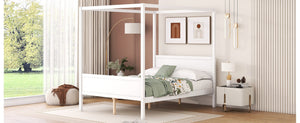 English Elm Queen Canopy Platform Bed with Built-in Headboard Pinewood Frame and Curtain Rails White WF311397AAK