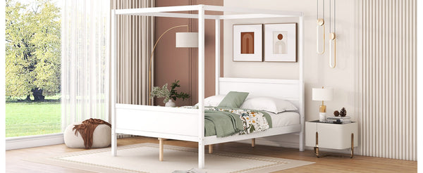 English Elm Queen Canopy Platform Bed with Built-in Headboard Pinewood Frame and Curtain Rails White WF311397AAK