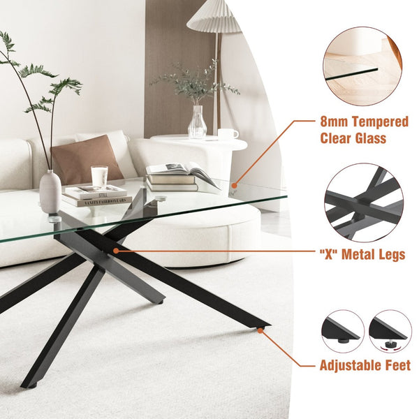 English Elm 47.2" Tempered Glass Top Coffee Table with Powder-coated Black Metal Legs for Living Room W241120468